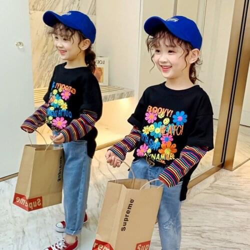 Girls T-Shirt Children Clothing Toddler Cartoon Cotton Big Kids Long Sleeve Patchwork Flower Print Teens Casual Tops 3-12 Year