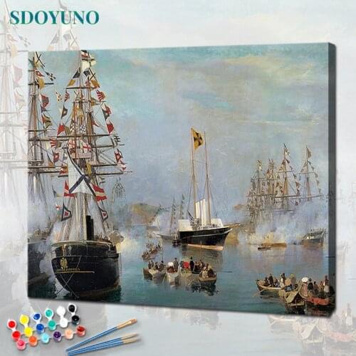SDOYUNO Oil Painting By Numbers Seascape 60x75cm Paint By Numbers On Canvas Boat Scenery Watercolor By Numbers Home Decor
