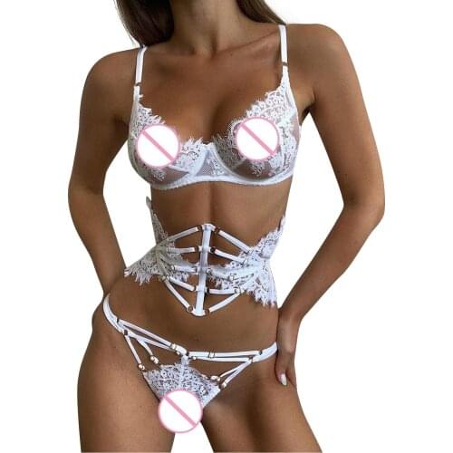 New Women Lace Lingerie Underwear Set White Bra Belt Thong Suit Ladies Temptation Nightwear bielizna damska белье женско