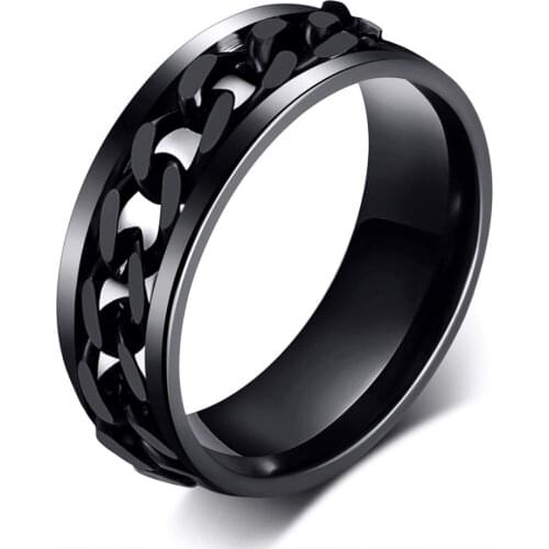 Cool Black Spinner Chain Ring for Men Tire Texture Stainless Steel Rotatable Links Punk Male Anel Alliance