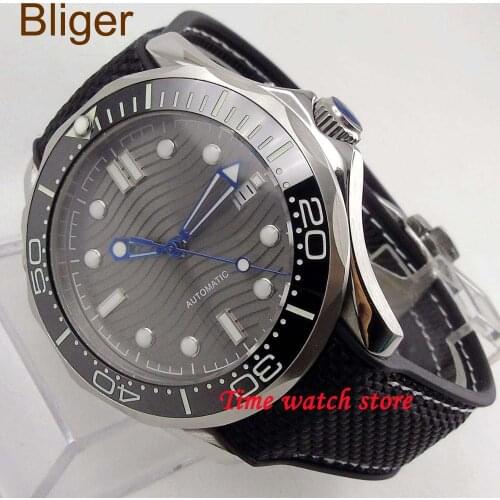 Bliger 41mm Miyota 8215 watch men waterproof grey dial canvas rubber date luminous Ceramic Bezel sapphire glass