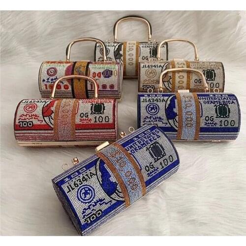 2021NEW Rhinestone Money Clutch purse Dollar painting Crystal Diamond Evening bags women Round Luxury designer Party Handbag