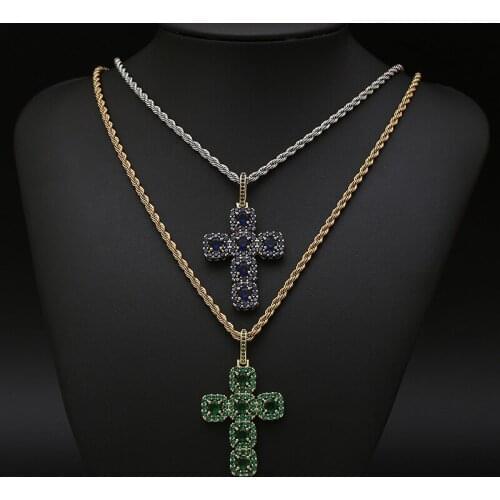 New Fashion Hip Hop Rapper Jewelry Prong Set AAA CZ Stone Bling Iced Out Green Blue Cross Pendant Necklace for Men and Women