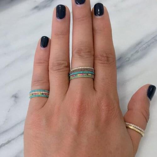 Gold color pave blue turquoises stone engagement band top quality classic elegant stack stacking eternity ring 925 silver