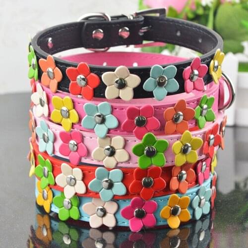 New Fashion PU Leather Dog Collar One Row Sun Flower Studded Small Dog Pet Teddy Necklace Collar