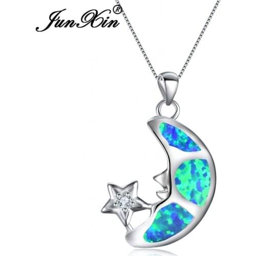 Cute Female Star & Moon Pendant Necklace Silver Color Wedding Jewelry White/Blue Fire Opal Necklaces For Women