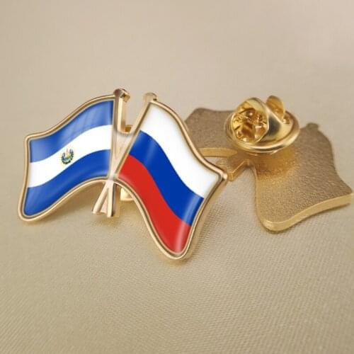 El Salvador and Russian Federation Crossed Double Friendship Flags Lapel Pins Brooch Badges