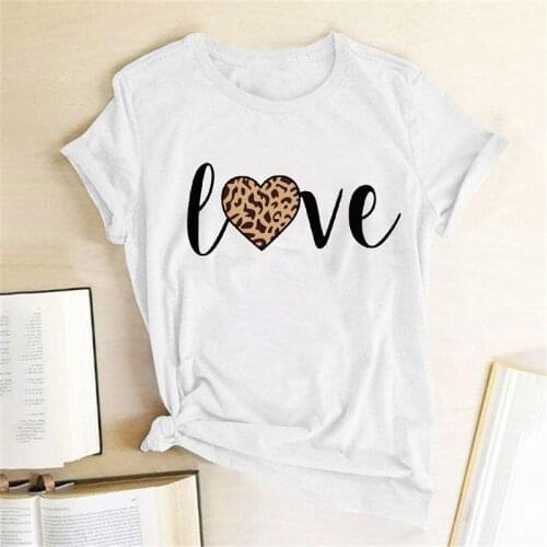Leopard Heart Print Love T Shirts Women Fashion Short Sleeve Cute T-shirt Casual Harajuku O-Neck Top Tee Femme