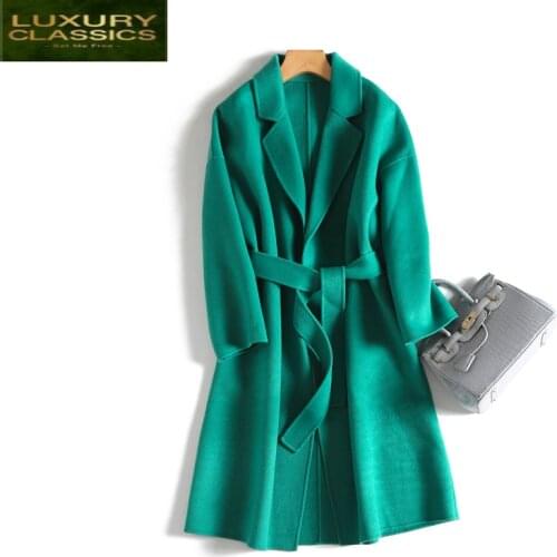 Spring Elegant 100% Winter Wool Coat Female Long Vintage Woolen Jacket Women Korean Casual Ladies Belt Blend Coats LW2905