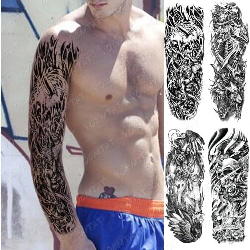 Waterproof Temporary Full Arm Tattoo Stickers Skull Cruel Animal Tiger Demon Flash Tattoos Man Body Art Fake Sleeve Tatto Female