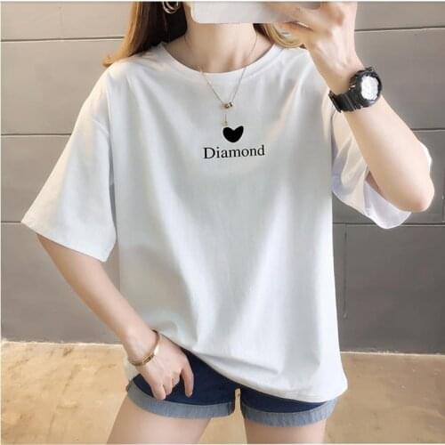Heart flower print ladies T-shirt ladies casual basis O-collar white shirt short sleeve ladies T-shirt love graphic printing