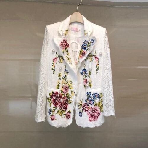 2019 Blazer Mujer Feminino Vadim Womens Single Piece Suit Heavy Embroidery Flower Lace Sleeve Lapel Fashion Thin Coat Female