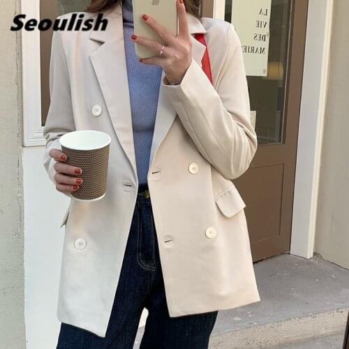 Seoulish New 2021 Spring Casual Double Breasted Womens Blazers Pockets Female Formal Jackets Elegant Loose Outerwear Chic Tops