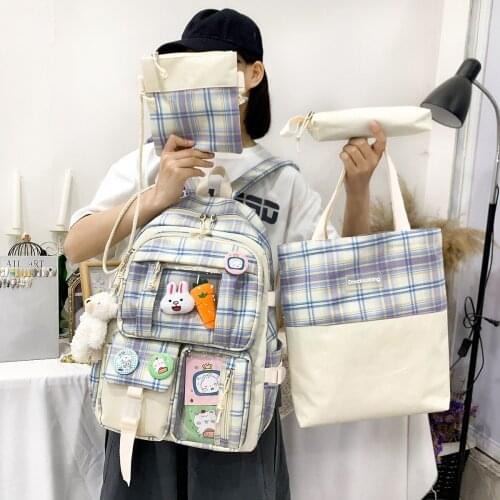 4 Pcs Set Harajuku Women Laptop Backpack Canvas School Bags For Teenage Girls Kawaii College Student Kids Book Bag Rucksack 2022