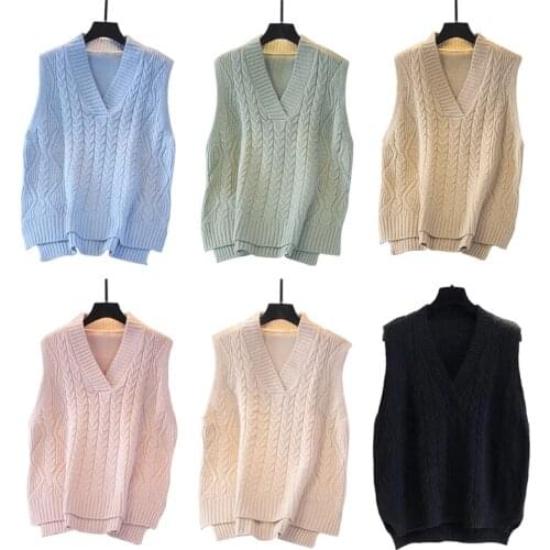 Women Autumn Cable Knitted Sleeveless Vest V-Neck Solid Color Pullover Sweater Casual Loose High Low Jumper Tank Top