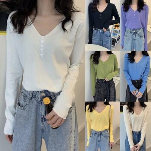 Lady Knitted Buttons V-Neck Sweaters Pullovers Girls Full Sleeve Simple Casual Sweater Knitwear Tops