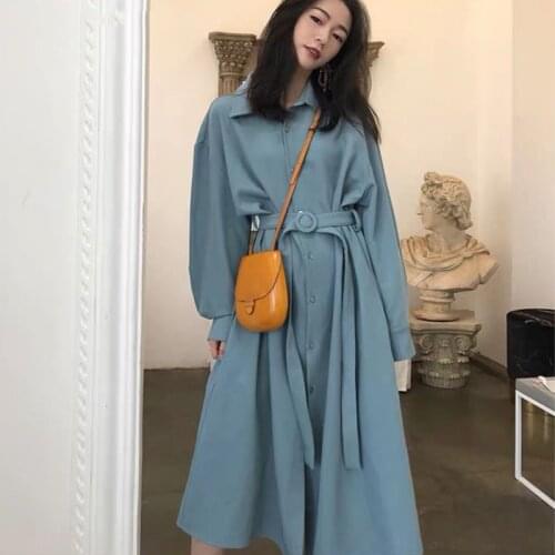 Bella philosophy 2020 spring Vintage Single-Breasted A-line Women Dress Long-Sleeve Sashes Pocket Female Dress Vestidos Femme