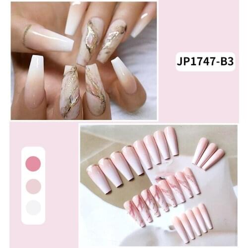 24Pcs/Set Nude Gradient Fake Nails Gold Foil Glue Type Removable Long Paragraph Fashion Manicure Fully Covered Nail Decoration
