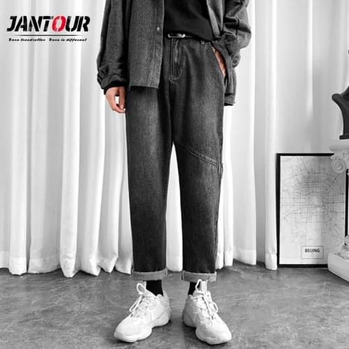Jantour Men Black Streetwear Baggy Jeans 2021 Mens Kpop Solid Denim Pants Vintage Straight Joggers Pants Pantalones De Hombre
