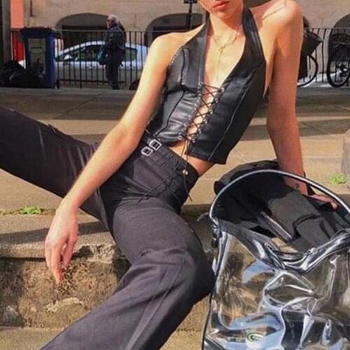 Sexy Punk Gothic Y2K Crop Tops Deep V Neck Lace Hollow Sleeveless Backless Halter Bodycon Stretch Slim Black PU Leather Tank Top