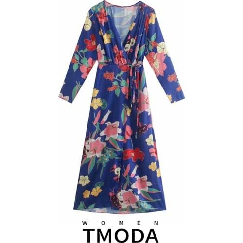 TMODA1807 Za 2021 Summer Women Fashion Floral Printed Midi Dresses Ladies Elegant Long Sleeve V Neck Tie Belt Dresses Female