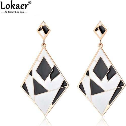 Lokaer Trendy Jewelry Big Rhombus Earrings Black/White Glaze Stitching Stainless Steel Rose Gold Color Hyperbole Earrings E18096