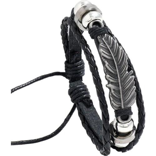 Fashion Punk Black Feather Leather Bracelet Wrap Vintage Retro Alloy Charm Brown Rope Bangle Wristbands Hiphop Women Men Jewelry