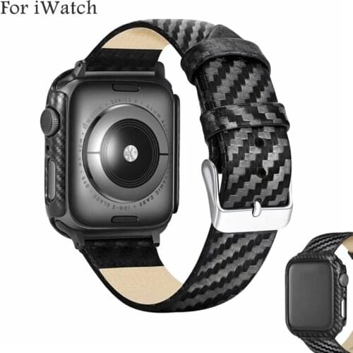 Good Quality Genuine Leather Carbon Fiber Watch Band With Cover Case For Apple Watch 6 5 4 3 2 1 SE 44/40MM 42/38MM For iWatch