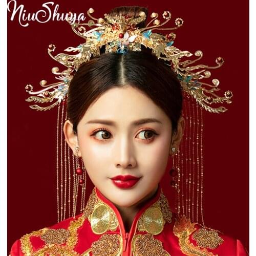 NiuShuya Luxury Retro Chinese Bridal Wedding Gold Hairpins Peacock Phoenix Headdress Bride Jewelry Hair Accessories