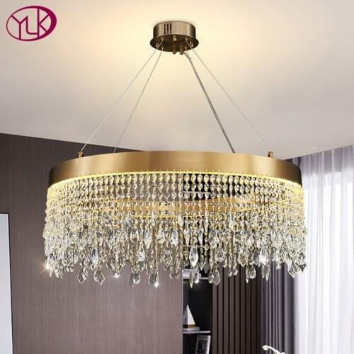 Modern living room crystal chandelier luxury dining room cristal lamp round brushed gold home decor LED hanging light fixture