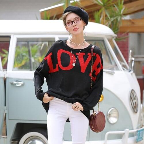 O Neck Black White Korean Famale Sweater with Letter LOVE Pullover Womens Knitwear Oversized Ladies Jumper Winter Loose Sweater
