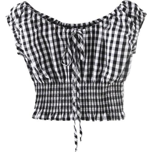 Black White Checked Crop Tops Women Summer Waist Slimming Blouse Mujer O Neck Sleeves Shirts Femme blouses et chemises bluzki