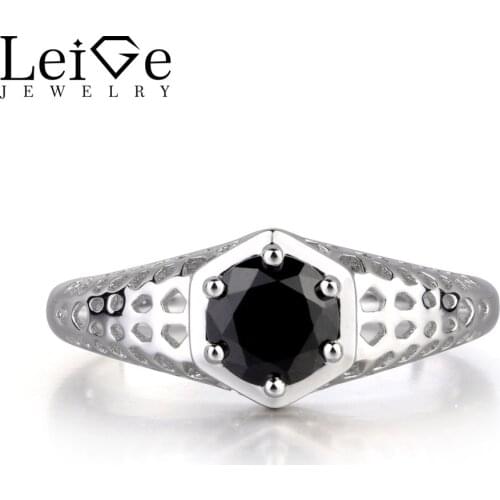 Leige Jewelry Genuine Black Sipnel Fine Gemstone Round Shape Cocktail Party Rings Trendy Gifts For Woman 925 Sterling Silver