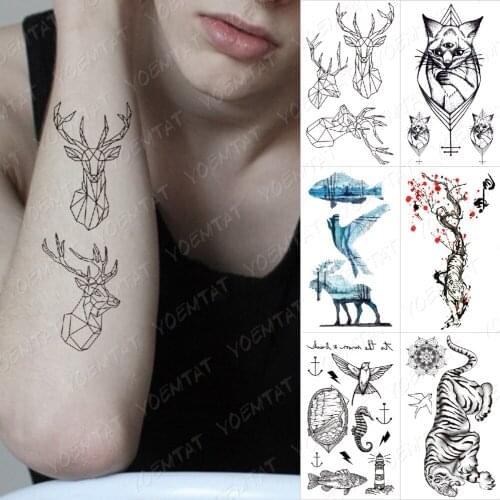 Waterproof Temporary Tattoo Sticker Linear Geometric Deer Realistic Body Art Tatoo Arm Leg Shoulder Fake Tatto Man Woman Child