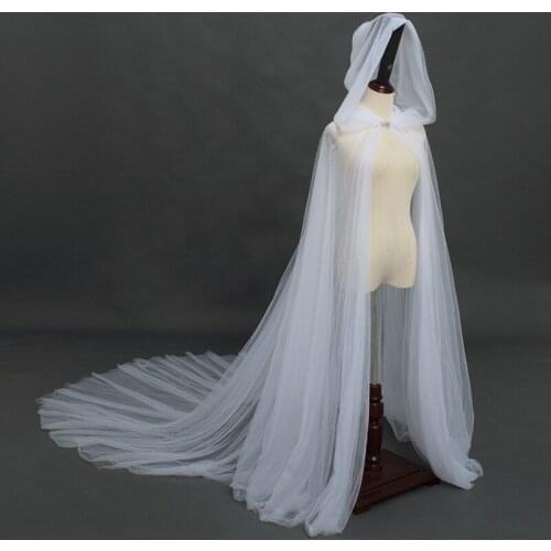 Women Fancy Vintage Hooded Tulle Cape Black White Gothic Wedding Bridals Floor Length Tailing Mesh Cloak Pixie Witch Cosplay