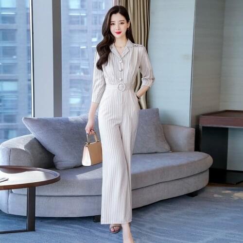 Striped Jumpsuits For Women 2020 Spring Korean Office Wear WomenS Pantsuit Buttons Overalls Elegant Jumpsuit For Women AA5443