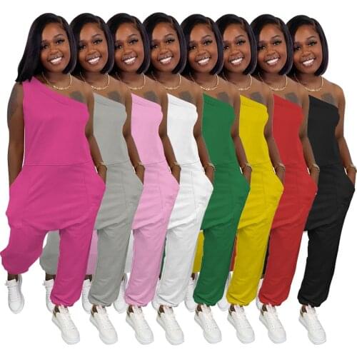 Adogirl Womens Loose Street Jumpsuit One Shoulder Off Shoulder Pocket Long Sports One-piece Overalls For Women Solid 8 Color