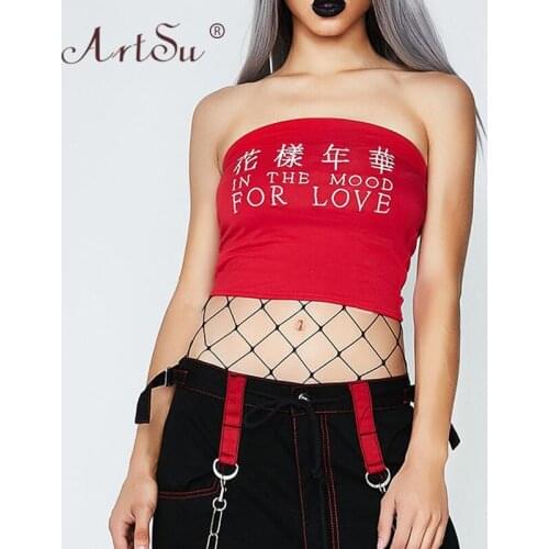 ArtSu Women Gothic Crop Top Letter Print Embroidery Strapless Off Shoulder Sexy Tube Top Streetwear Girls Summer Black Tank Tops