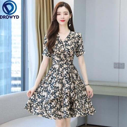 Women Summer White Floral Print Short-sleeved Dress 2021 Vintage Dress V-neck Elegant Fashion Knee-length Chiffo A-line Dresses