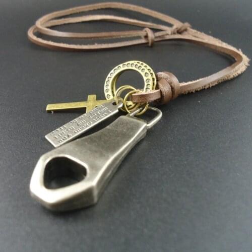 2015 Fashion Long Genuine Leather Men Jewelry Vintage Big Zipper Pendants Necklaces for Women
