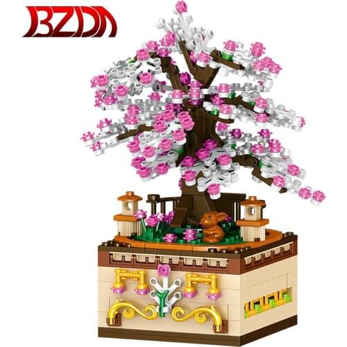 BZDA City Street View Idea Sakura Inari Shrine Music Box Building Blocks Creator Cherry Blossom Tree Friends Girl Toys