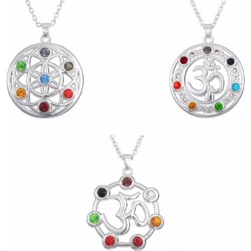 Flower of Life Jewerly Stones and Crystals OM Yoga Chakra Pendant Rhinestone Necklace