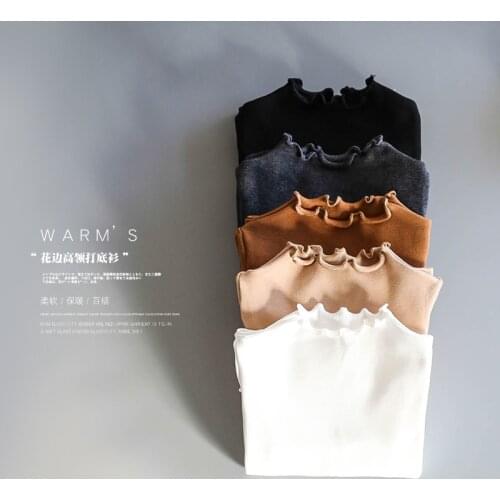 Girls' wooden ear solid color turtleneck bottoming shirt autumn and winter baby cotton soft top long sleeve T-shirt