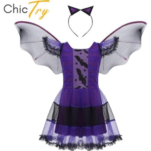 ChicTry Kids Purple Bat Witch Costume Cosplay Theme Party Children Girls Halloween Dress with Devil Wings Headband Roleplay Set