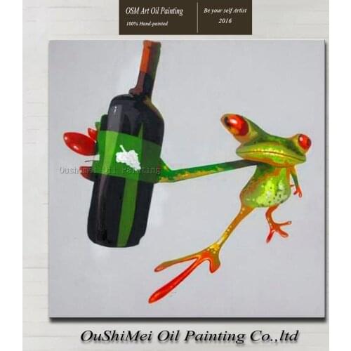 New Arrival Good Quality Handmade Modern Animal Oil Painting On Canvas Funny Frog With Wine Oil Painting Picture For Kitchen
