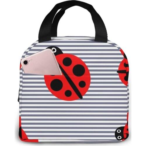 Carton Ladybug Cooler Bag Portable Zipper Thermal Lunch Bag Convenient Lunch Box Tote Food Bag