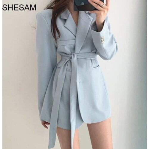 Korean Chic Elegant French Suit Collar Two Lace Up Waist Slim Double Pocket Loose Suit Womens Coat