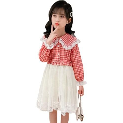 Teenage Girl Dresses Plaid Pattern Girls' Dresses Mesh Children Dress Lace Costume For Girls 6 8 10 12 14
