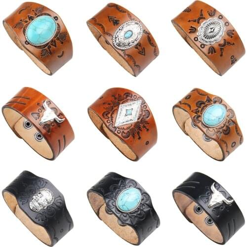 Fashion Wide Man Leather Bracelet Trendy Alloy Metal Man Bracelets Bangles Geometric Leather Bangles Jewelry