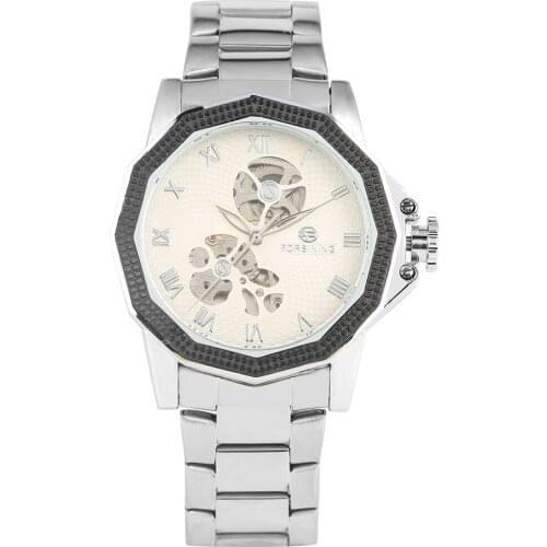 Mens Stainless Steel Skeleton Wristwatch Automatic-self-winding Mechanical Watch Practical White Roman Numerals Dial